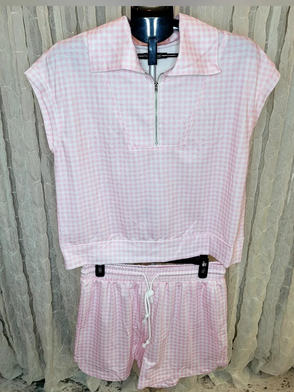 Pink Gingham Plaid 2-Piece Lounge Set L Light French Terry Zip 3/4 Top Shorts